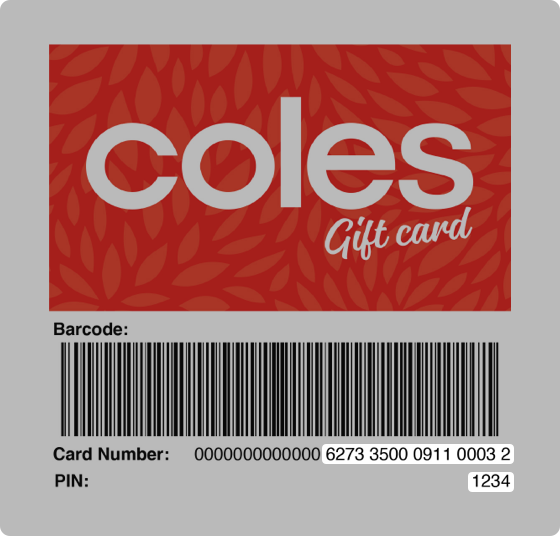 Front of Coles Gift card with barcode